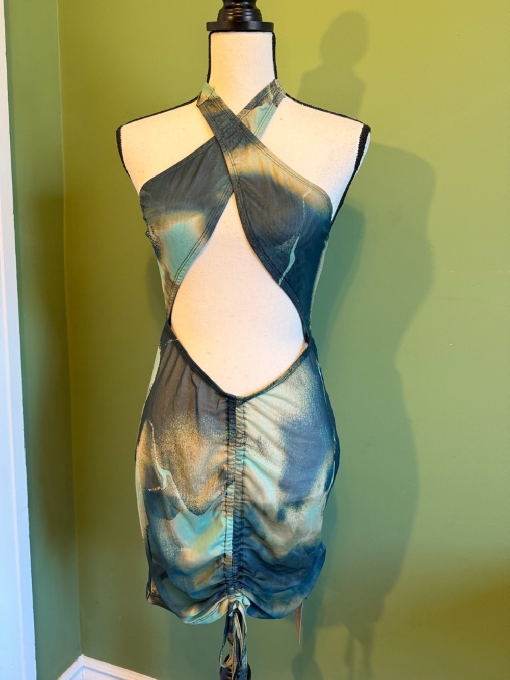 SHEIN Teal Green Marble Halter Cutout Mesh Mini Dress